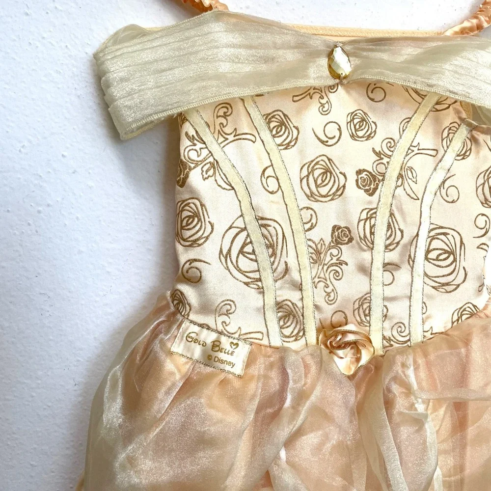 Disney Princess Gold Belle Dress Rose Costume Girls Size 3-4Y Dress Up Gown